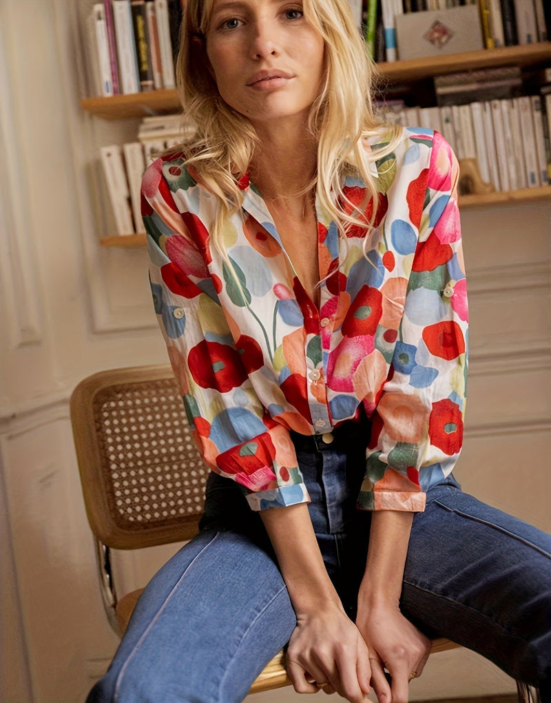 Chemise boutonnée à imprimé floral et dessin animé