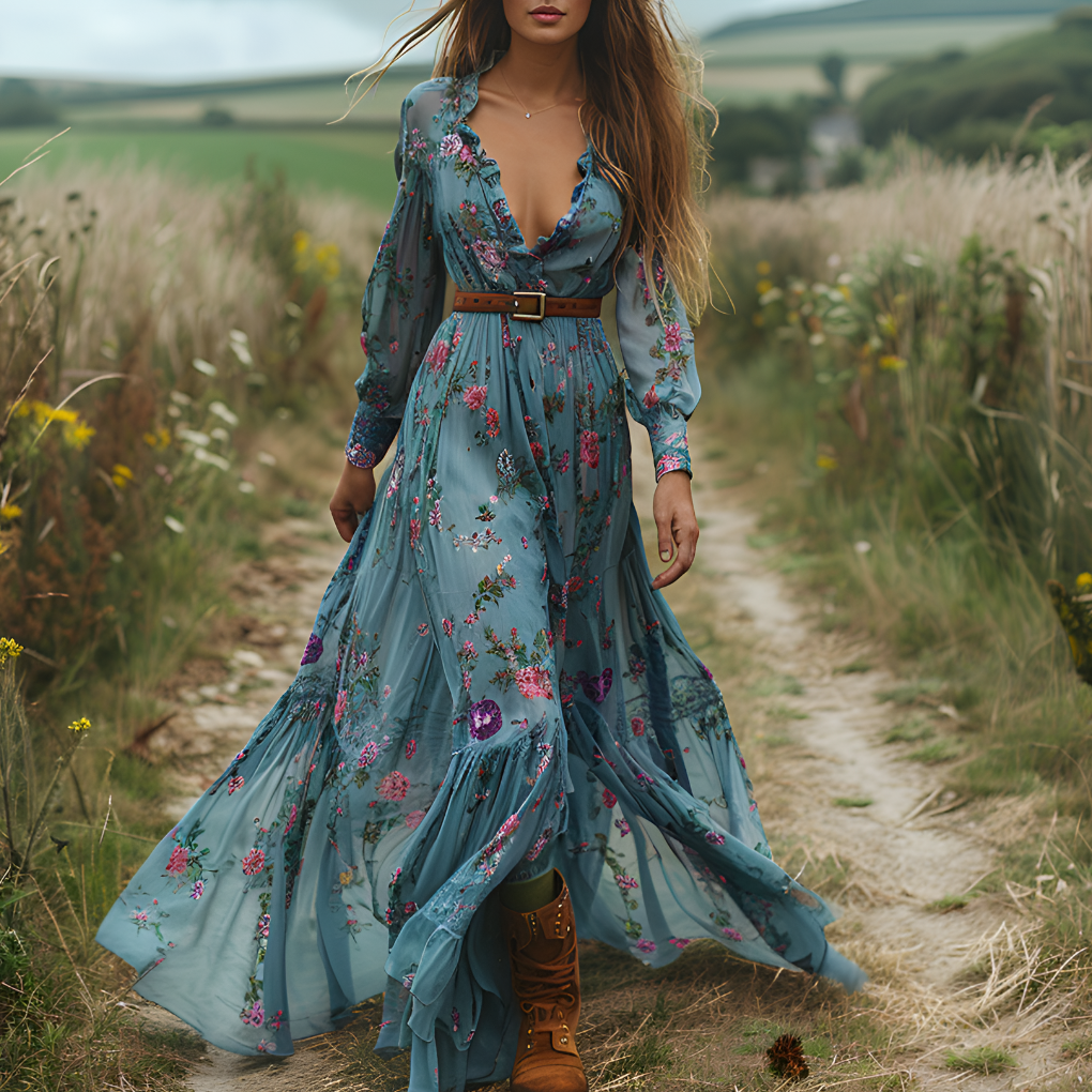 Robe longue fluide à fleurs style bohème