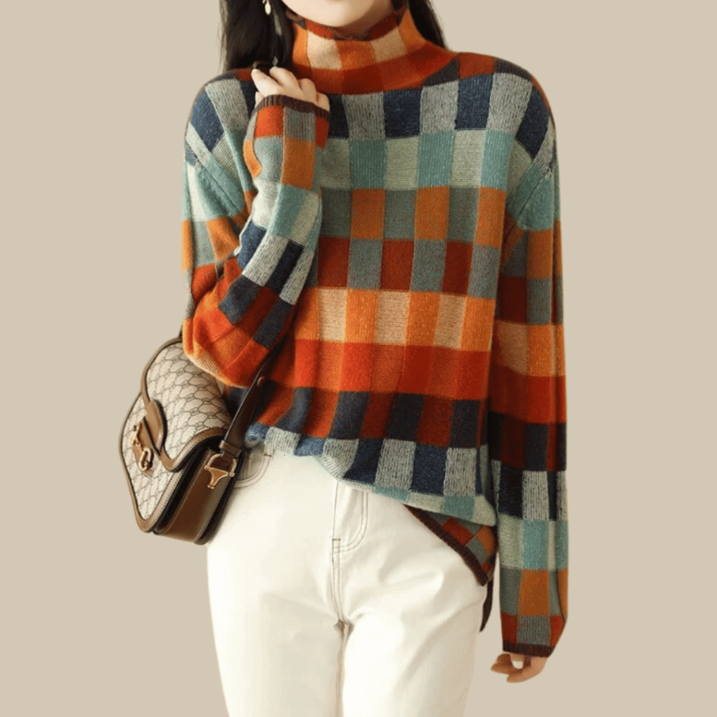 Pull col roulé patchwork en cachemire pour femme