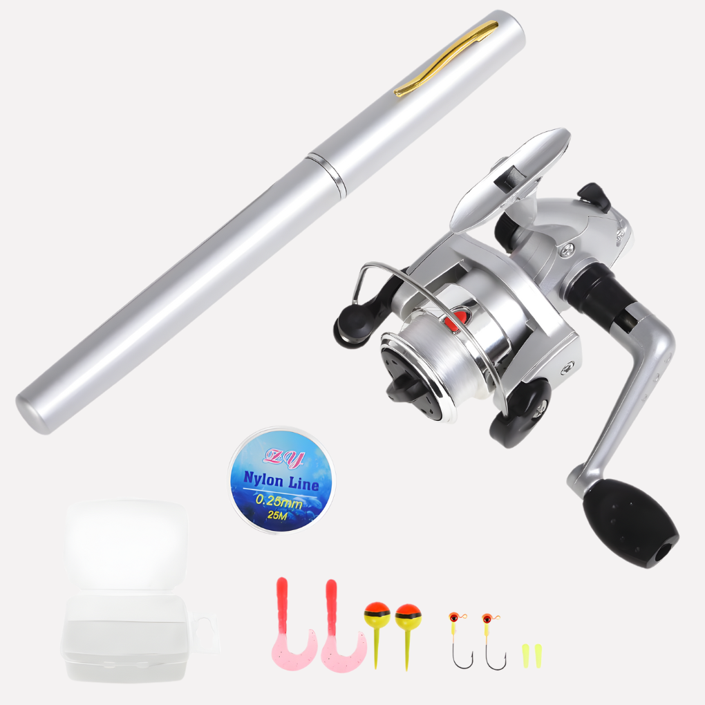Mini Canne à Pêche + Moulinet, Stylo Poche Mini Télescopique