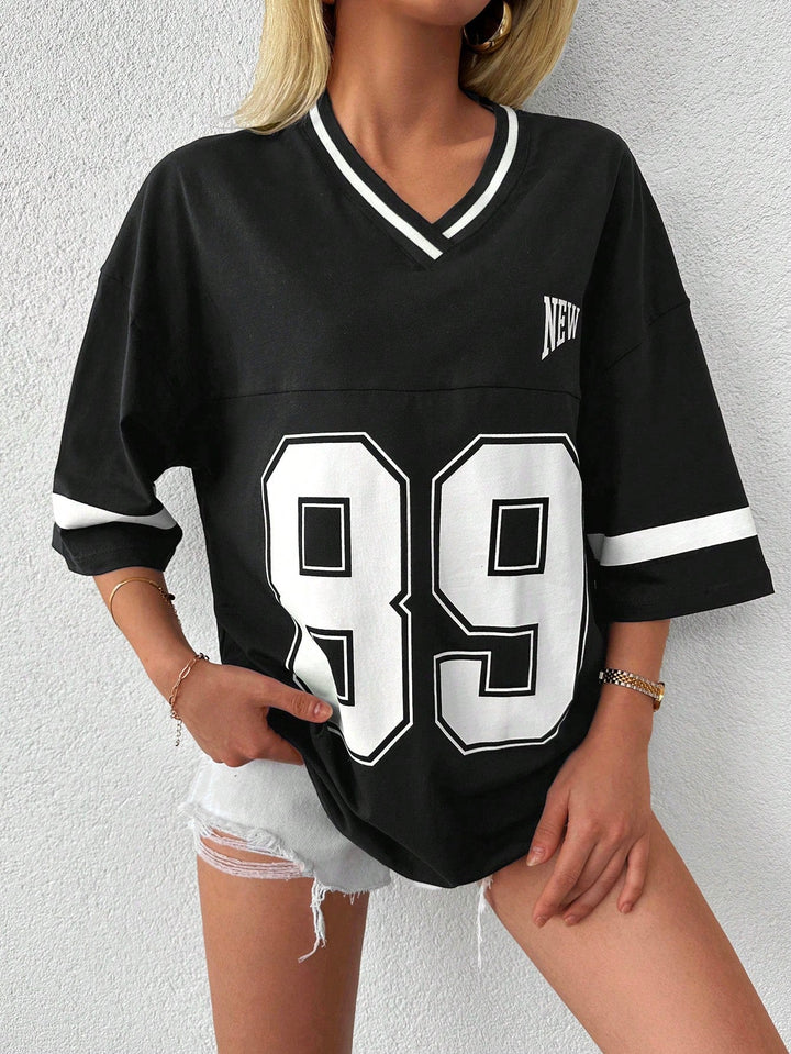 T-shirt de baseball/football décontracté surdimensionné pour femme