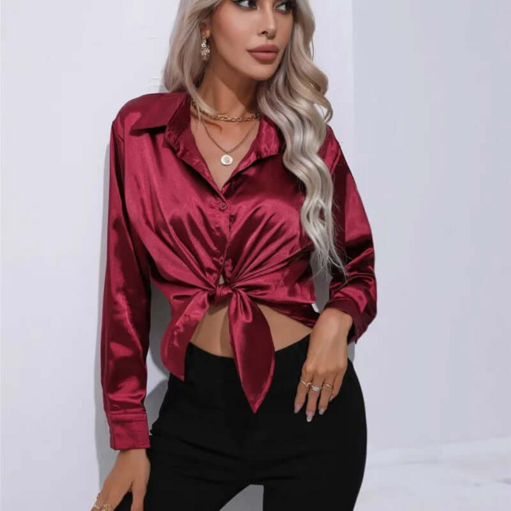 Chemisier ample à manches longues en satin pour femme