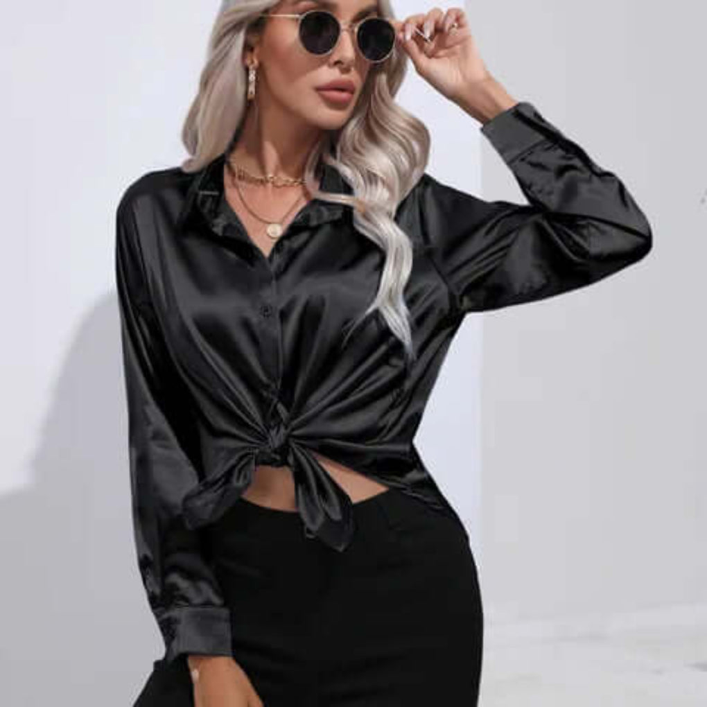 Chemisier ample à manches longues en satin pour femme