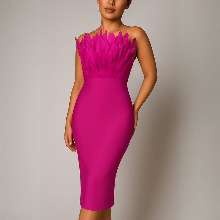 Robe mi-longue bustier pour femme avec bordure en plumes