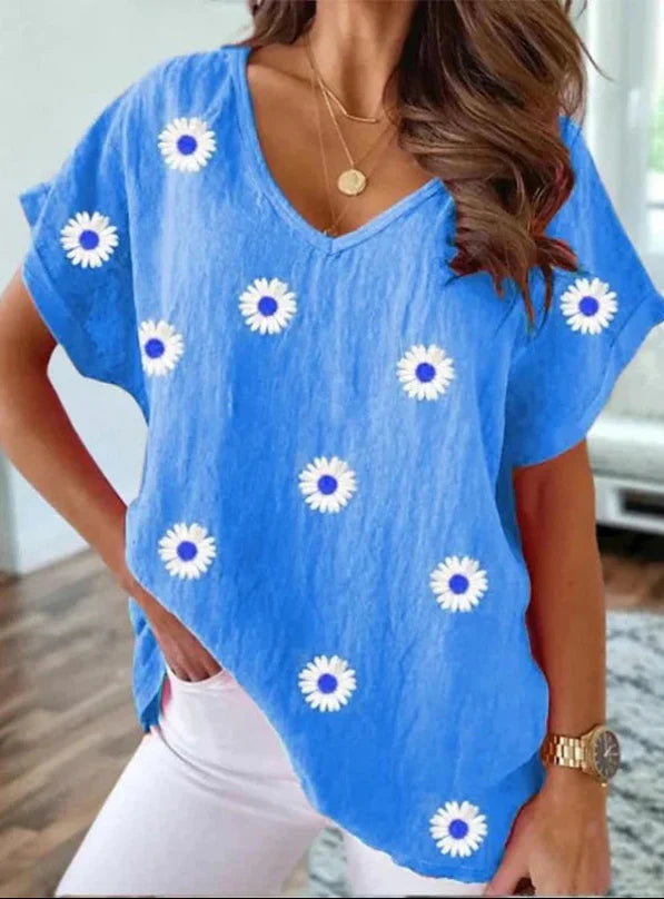 T-shirt décontracté à col en V avec imprimé floral 3D