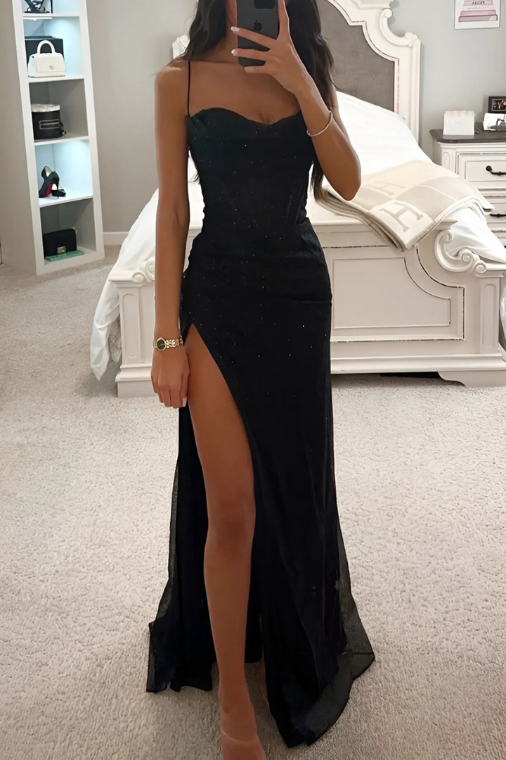 Robe de soirée fendue haute à bretelles spaghetti