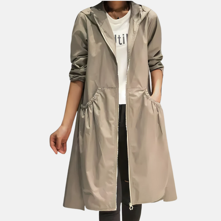 Veste imperméable à capuche pour femme, longueur genou