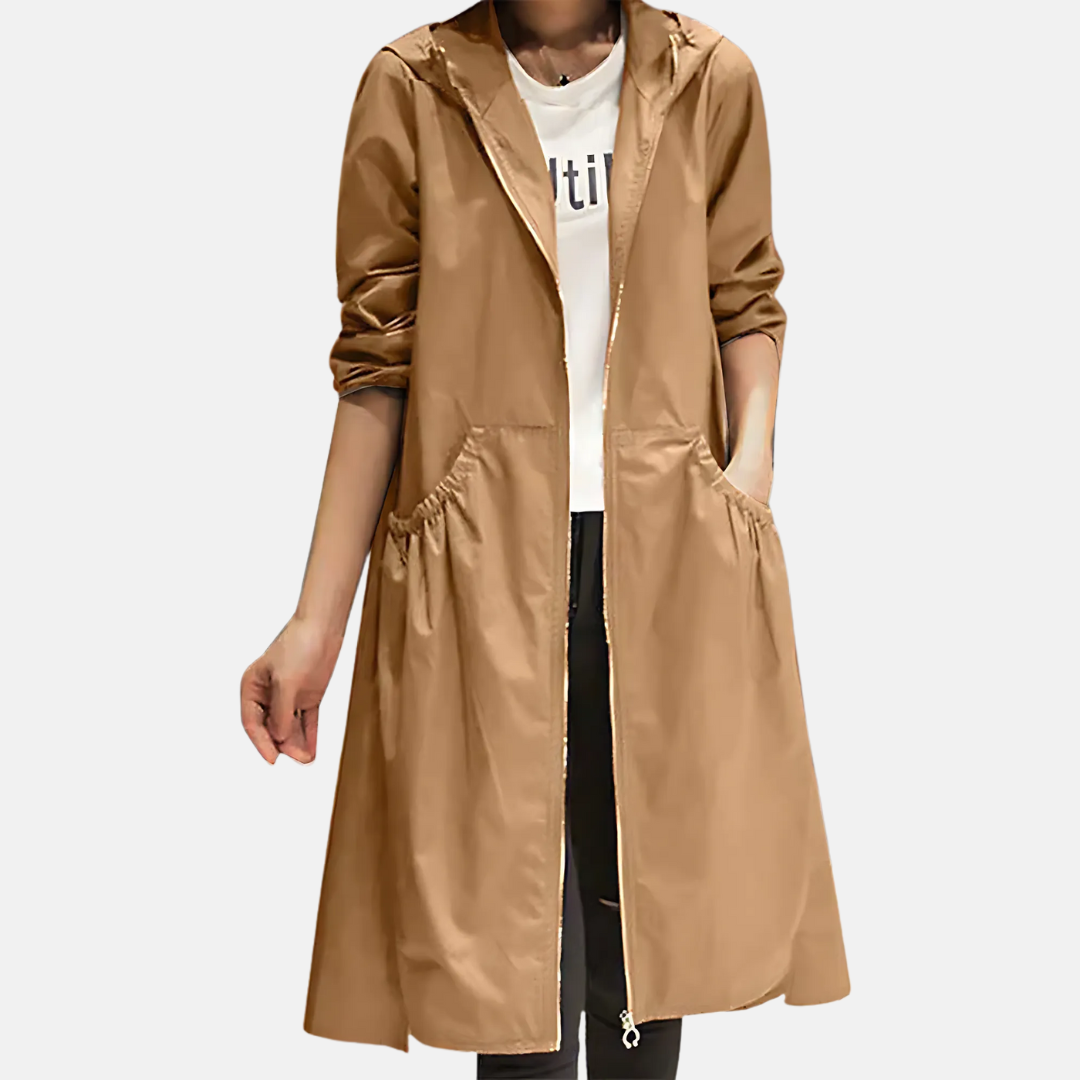 Veste imperméable à capuche pour femme, longueur genou