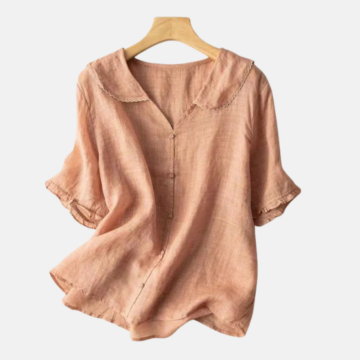 Chemise rétro en coton et lin pour femme avec col poupée