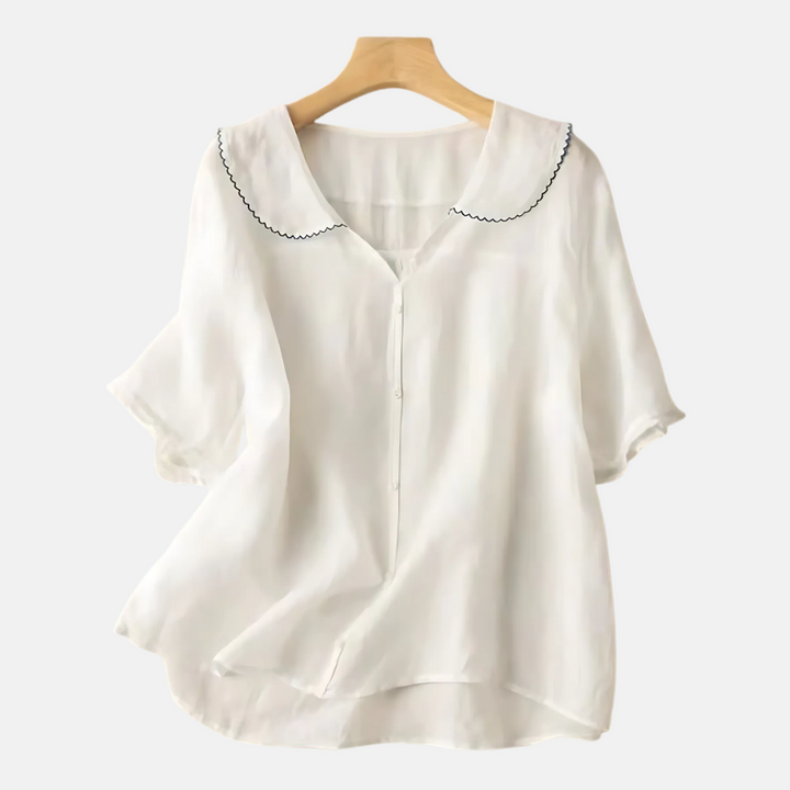 Chemise rétro en coton et lin pour femme avec col poupée