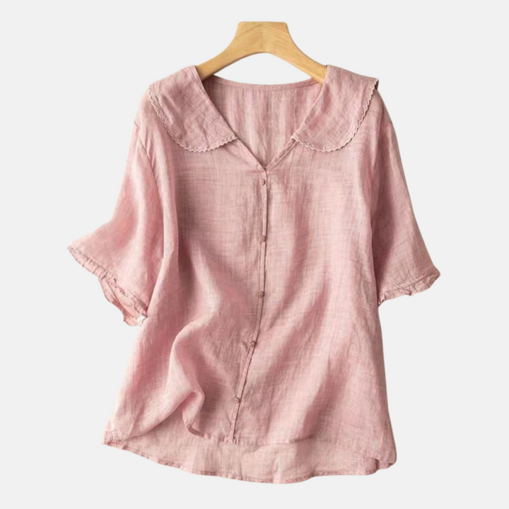 Chemise rétro en coton et lin pour femme avec col poupée