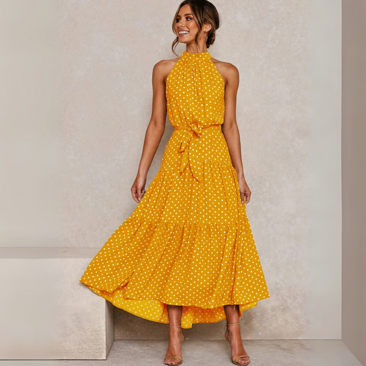 Robe midi ajustée et évasée à pois