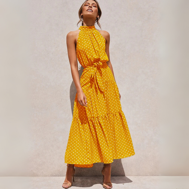 Robe midi ajustée et évasée à pois