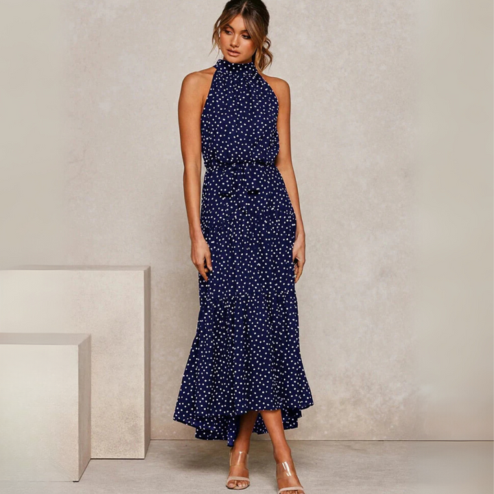 Robe midi ajustée et évasée à pois