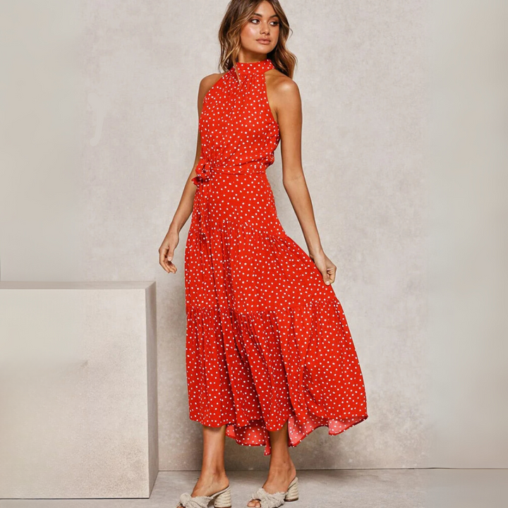 Robe midi ajustée et évasée à pois