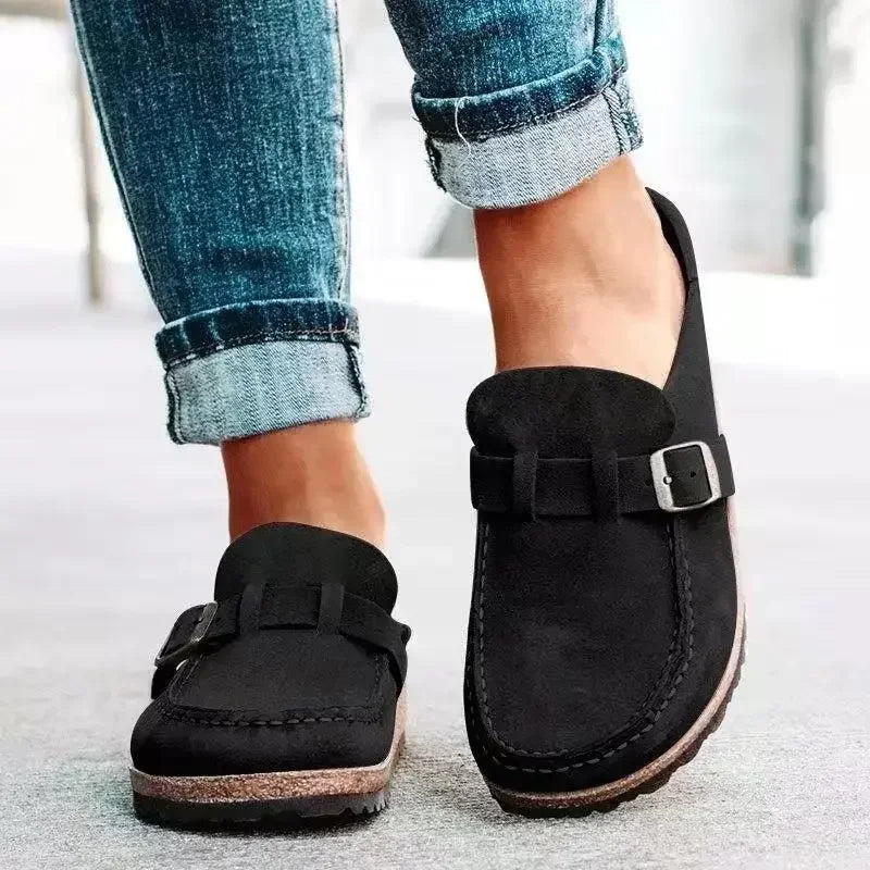 Mules plates rétro à boucle pour femme