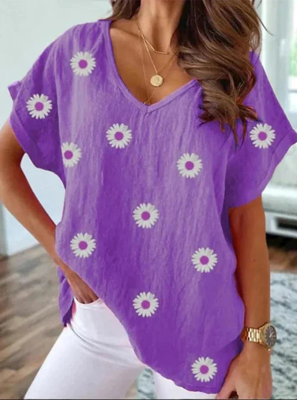 T-shirt décontracté à col en V avec imprimé floral 3D