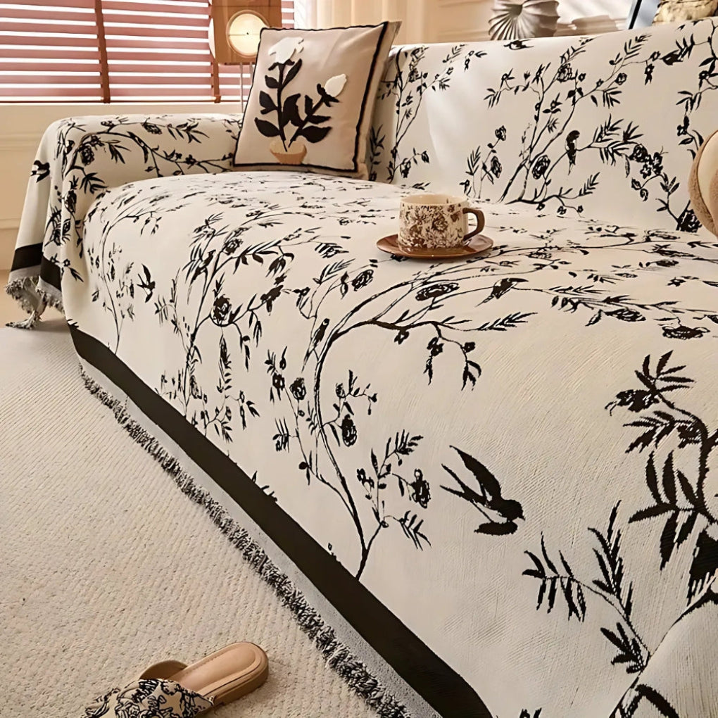 Élégant jeté à motifs floraux avec bordure à franges