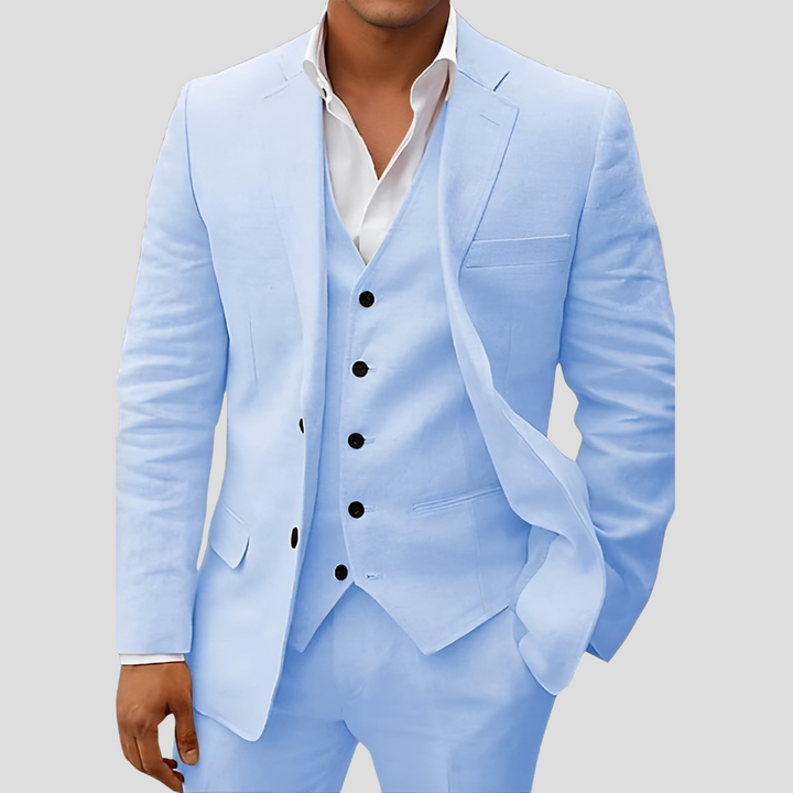 Ensemble trois pièces en lin pour homme : blazer, gilet et pantalon