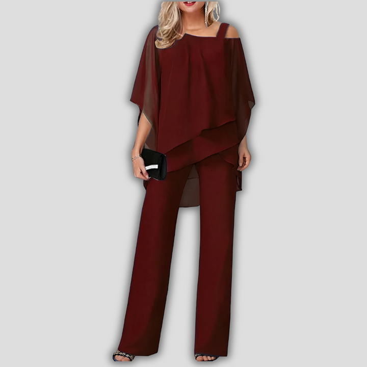 Élégant tailleur-pantalon 2 pièces en mousseline avec haut cape superposé
