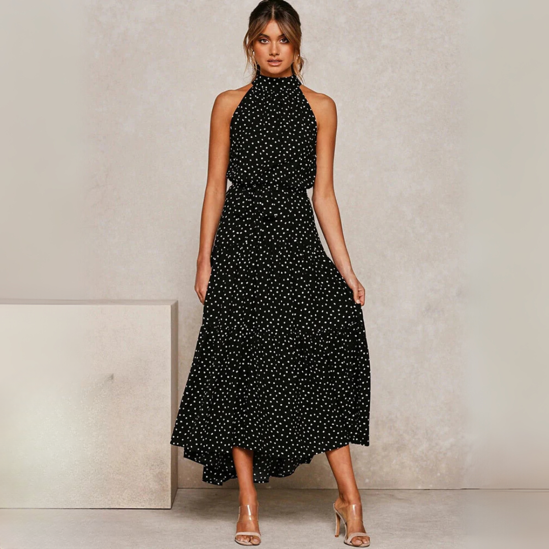 Robe midi ajustée et évasée à pois