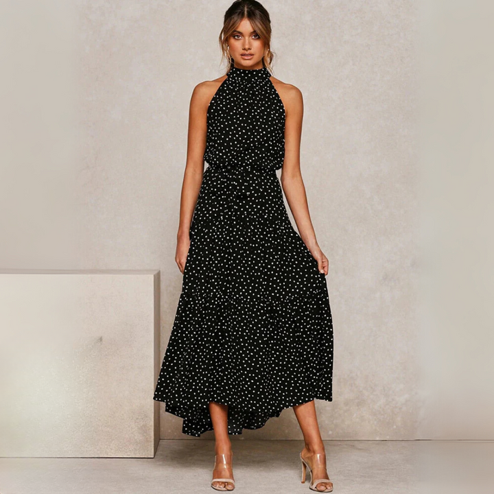 Robe midi ajustée et évasée à pois