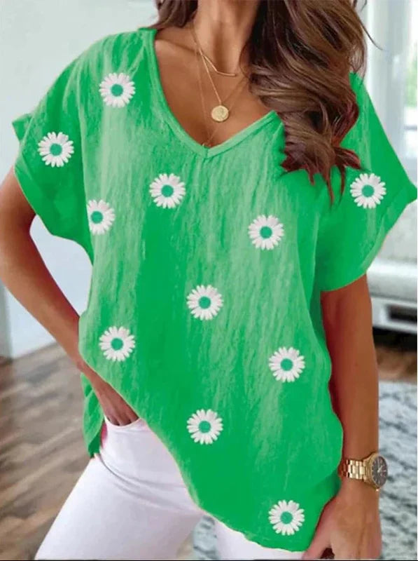 T-shirt décontracté à col en V avec imprimé floral 3D