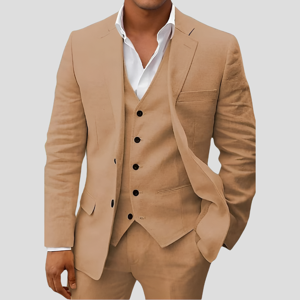 Ensemble trois pièces en lin pour homme : blazer, gilet et pantalon