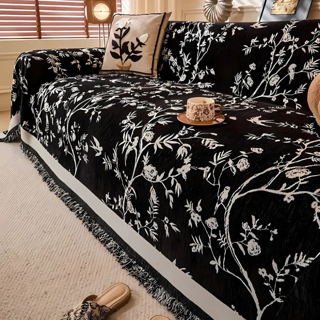 Élégant jeté à motifs floraux avec bordure à franges