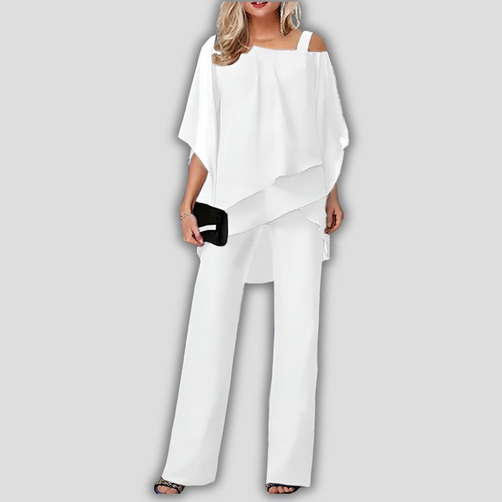 Élégant tailleur-pantalon 2 pièces en mousseline avec haut cape superposé