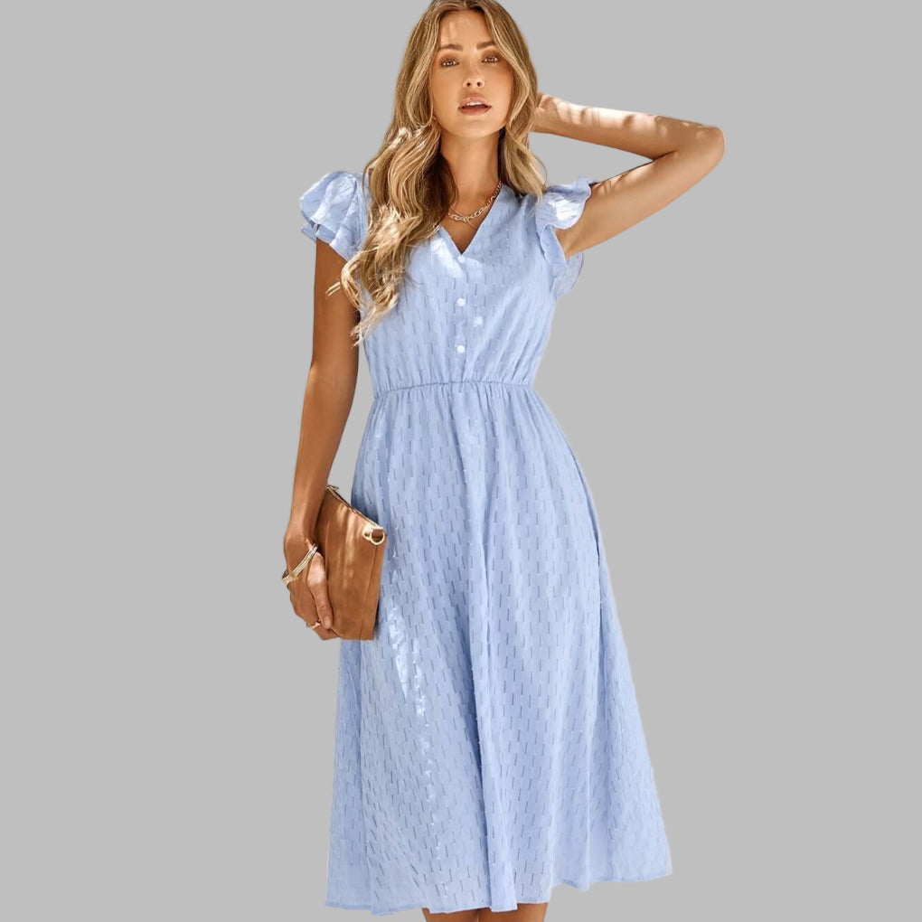 Robe mi-longue fluide à volants et col en V pour femme