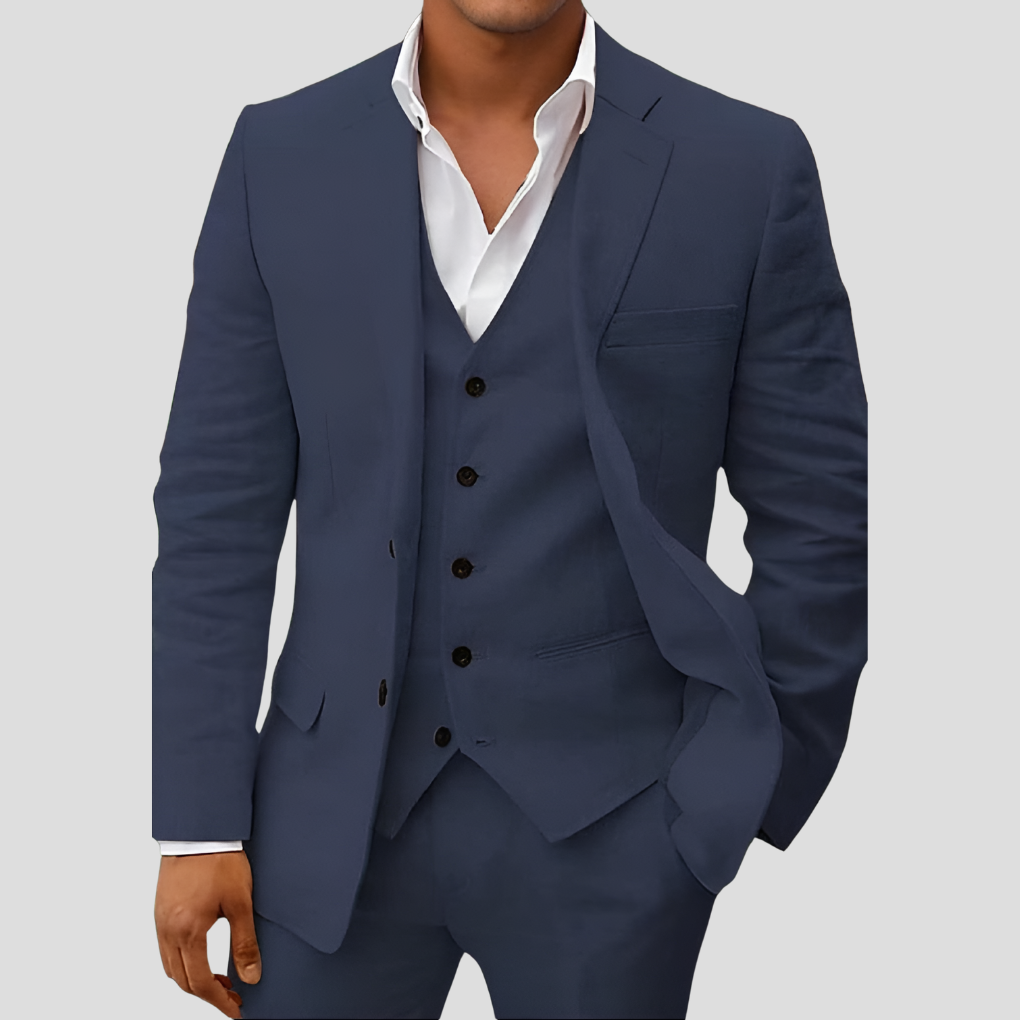 Ensemble trois pièces en lin pour homme : blazer, gilet et pantalon