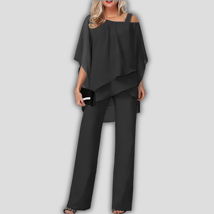 Élégant tailleur-pantalon 2 pièces en mousseline avec haut cape superposé