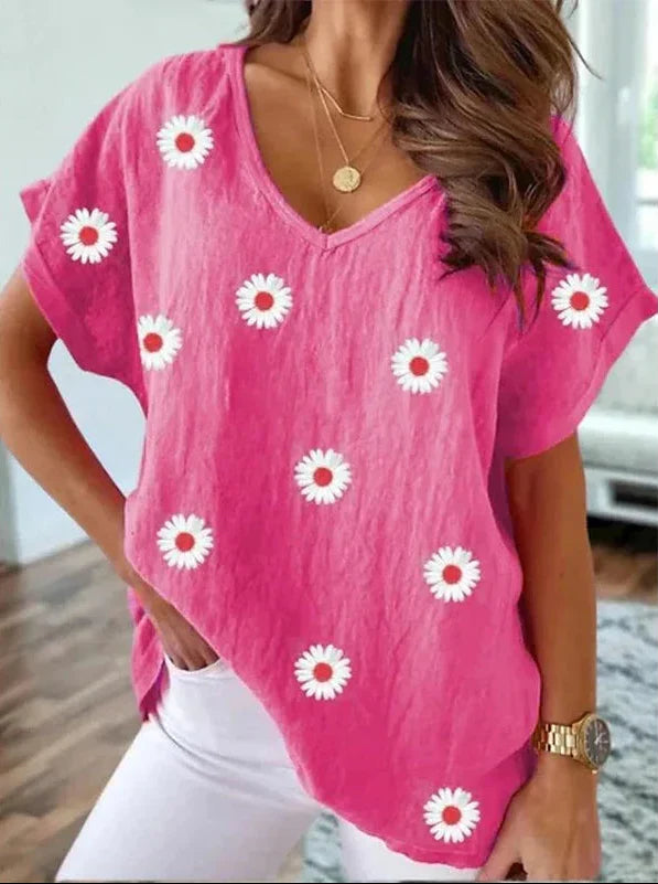 T-shirt décontracté à col en V avec imprimé floral 3D