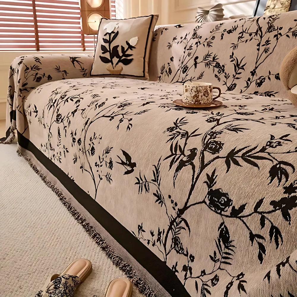Élégant jeté à motifs floraux avec bordure à franges