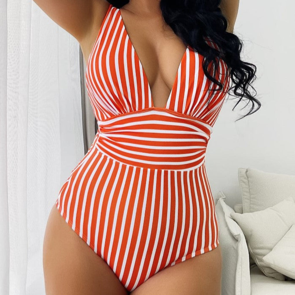Maillot de bain une pièce rayé à col licou pour femme