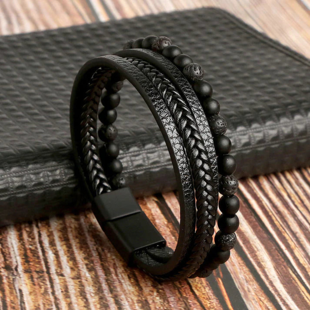 Bracelet homme en cuir et perles de pierre superposés