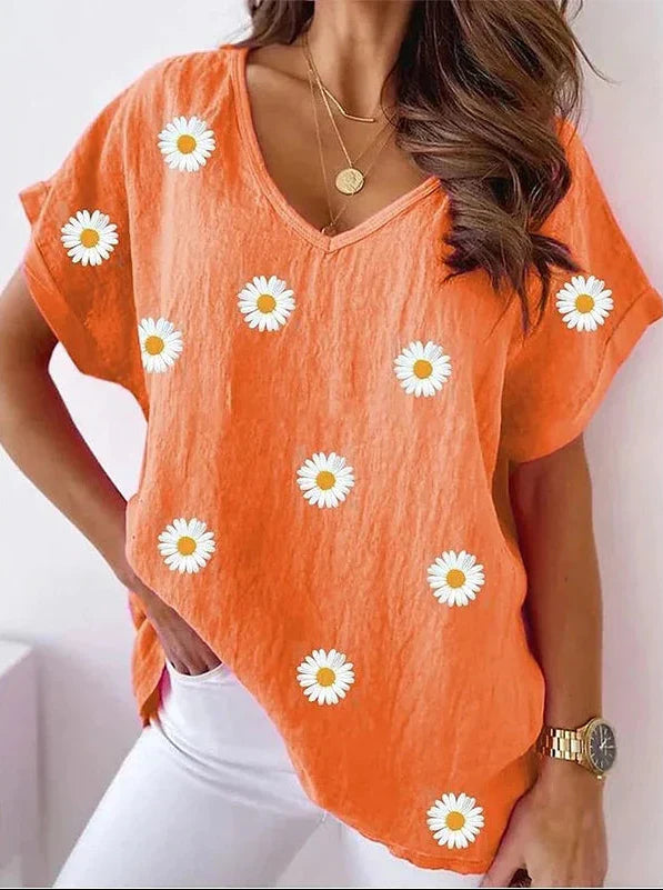 T-shirt décontracté à col en V avec imprimé floral 3D