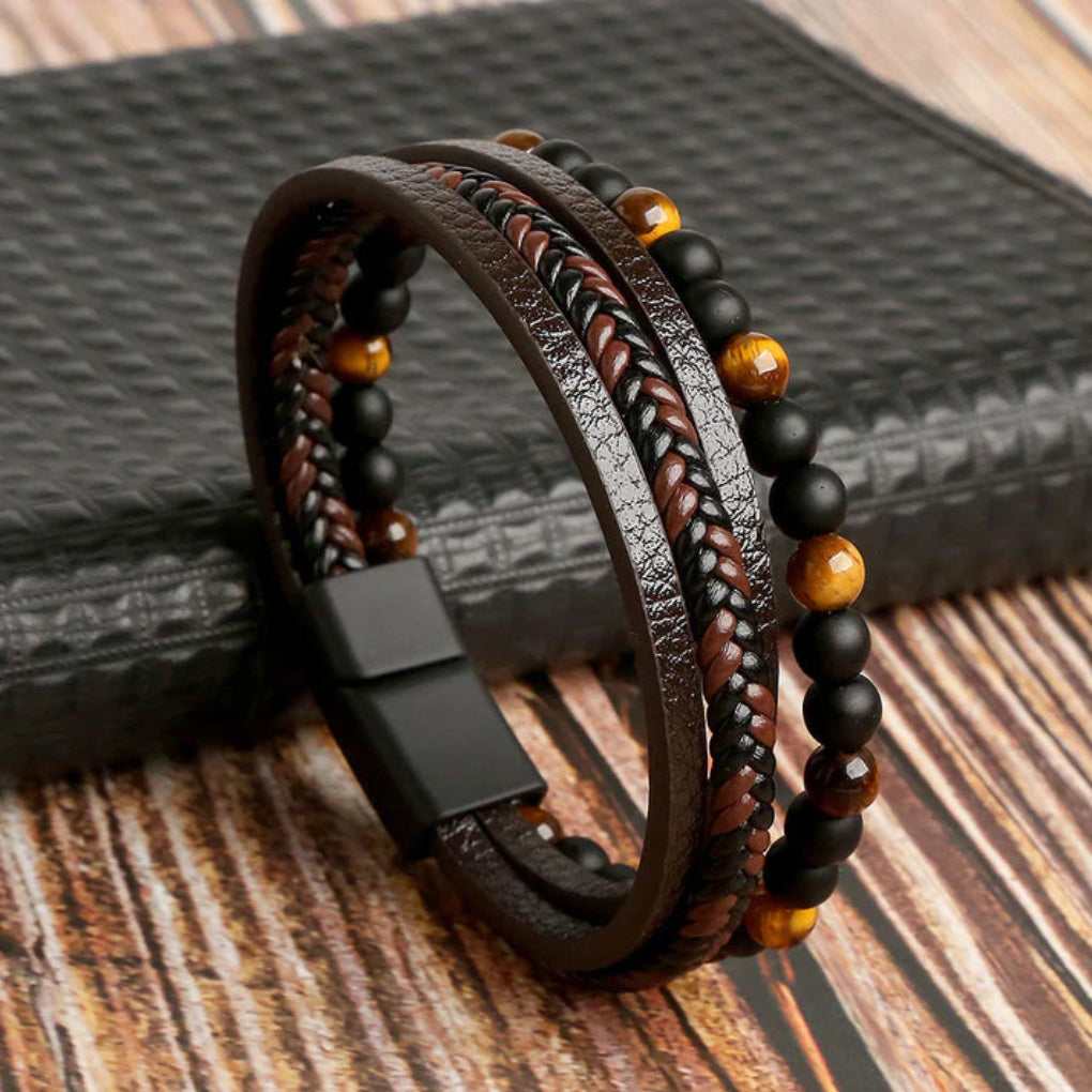 Bracelet homme en cuir et perles de pierre superposés