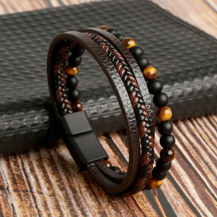 Bracelet homme en cuir et perles de pierre superposés