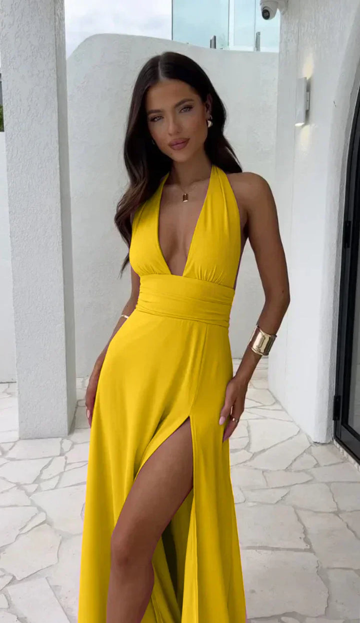 Fleur | Robe sexy unie avec fente et col en V profond