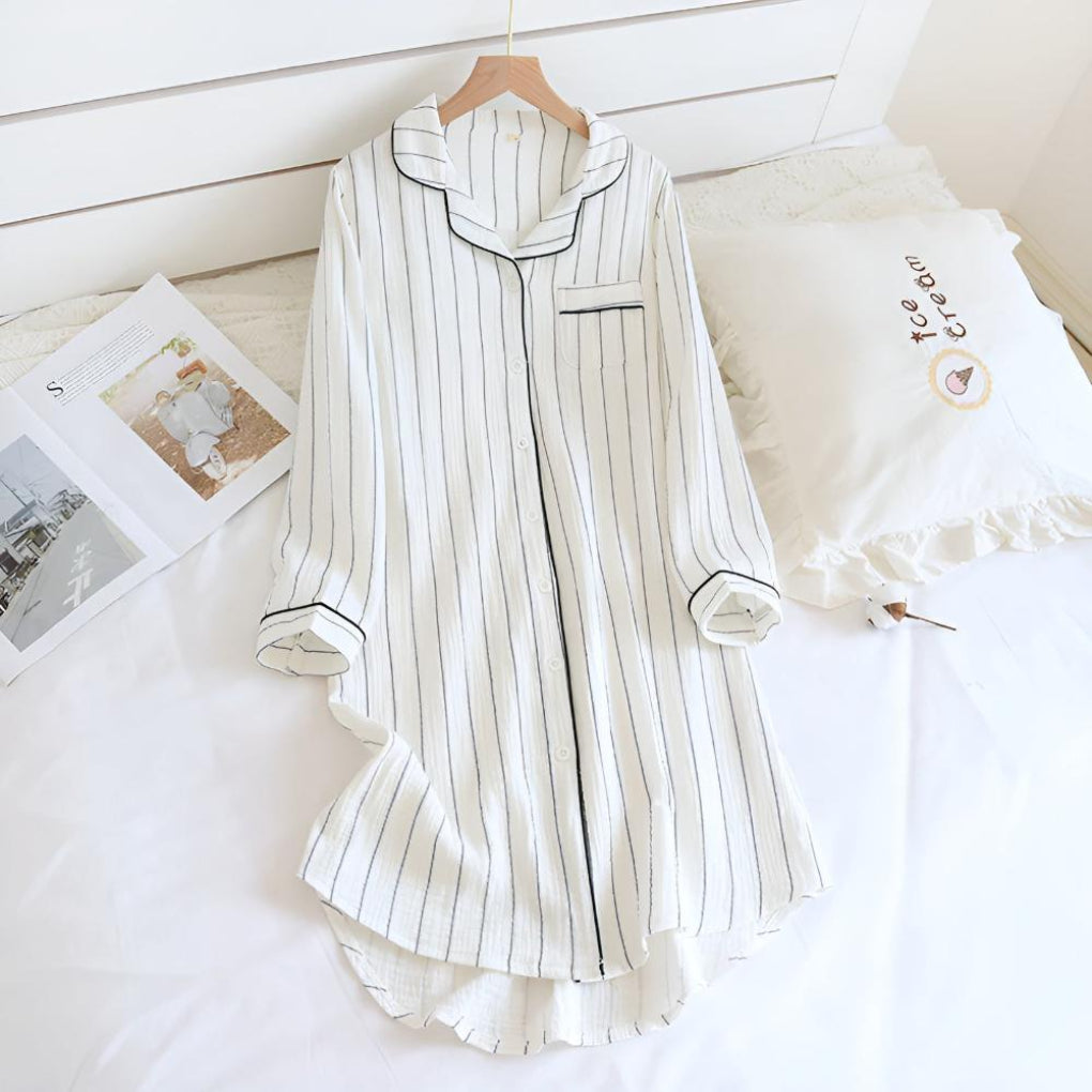Chemise de nuit légère en gaze de coton rayée pour femme