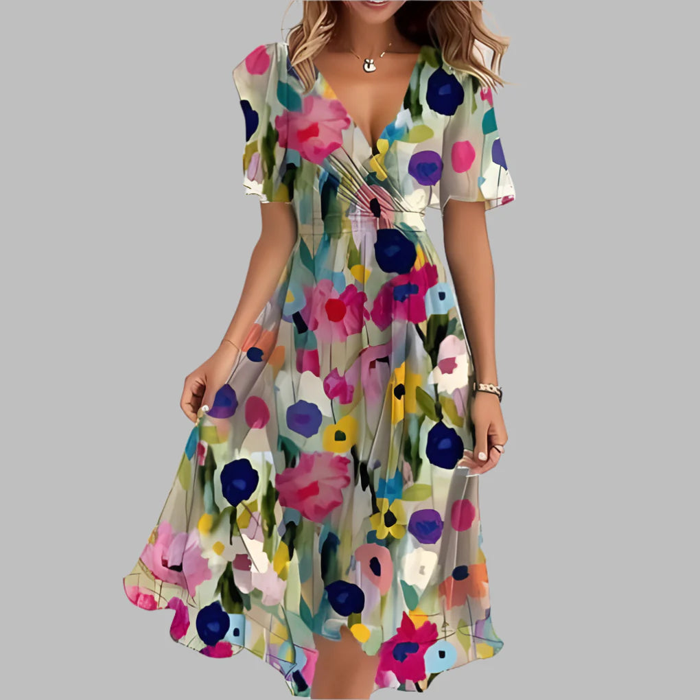 Robe mi-longue élégante à fleurs et fronces pour femme