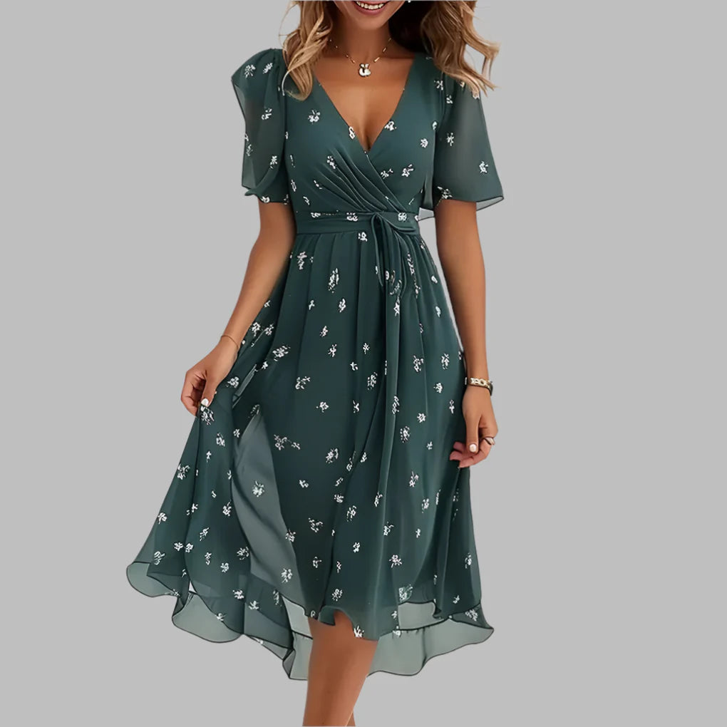 Robe mi-longue élégante à fleurs et fronces pour femme