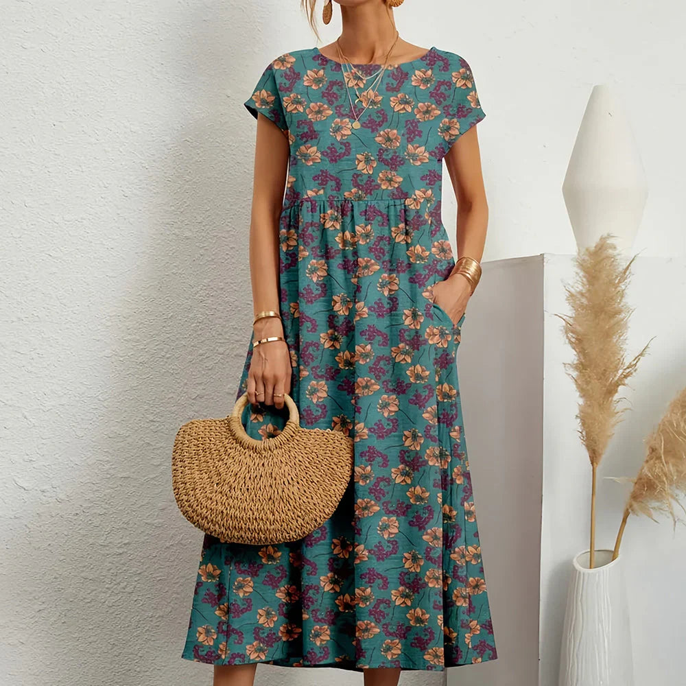 Robe midi décontractée en mélange de coton et de lin pour femme