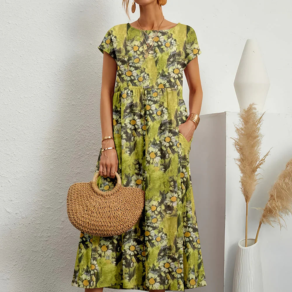Robe midi décontractée en mélange de coton et de lin pour femme