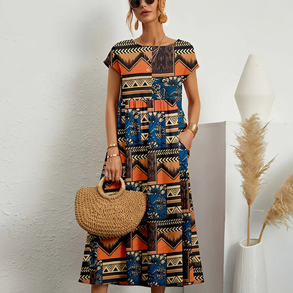 Robe midi décontractée en mélange de coton et de lin pour femme
