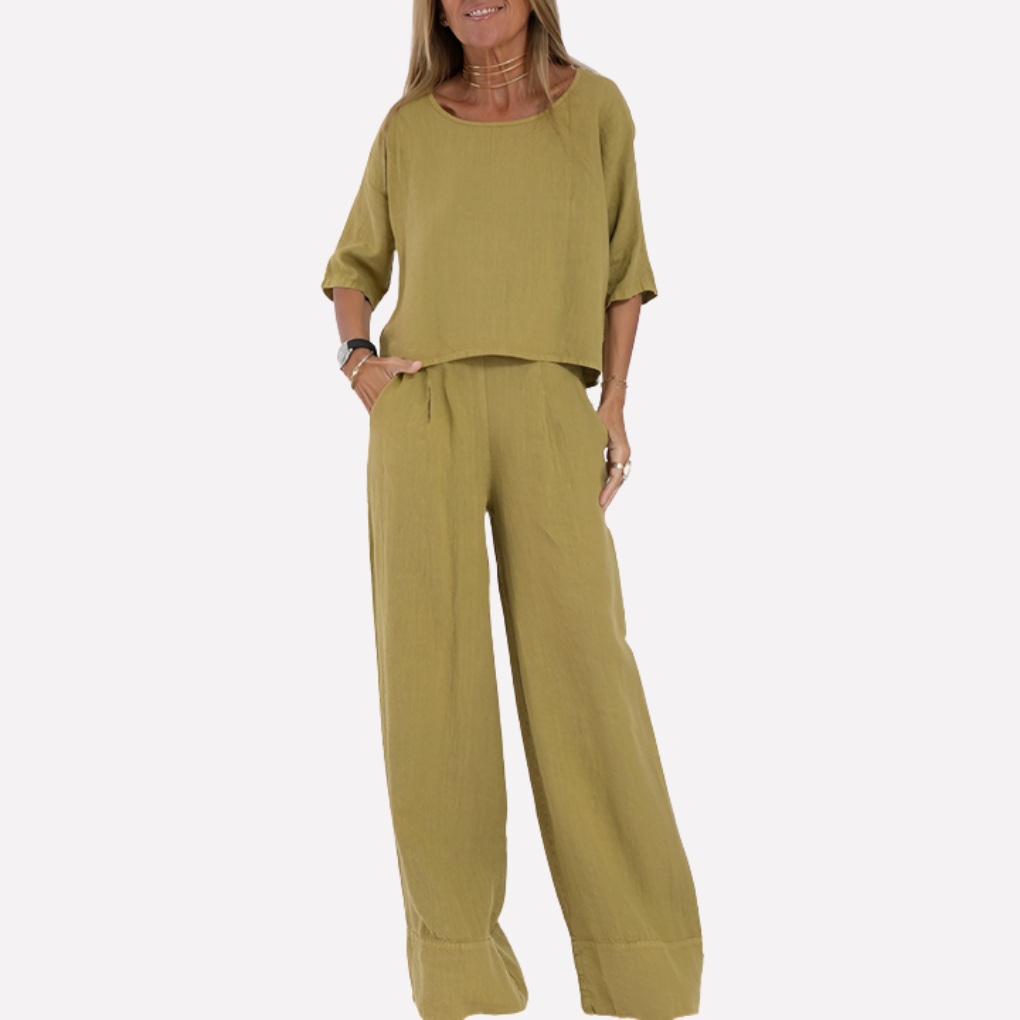 Ensemble deux pièces en lin mélangé coupe décontractée pour femme