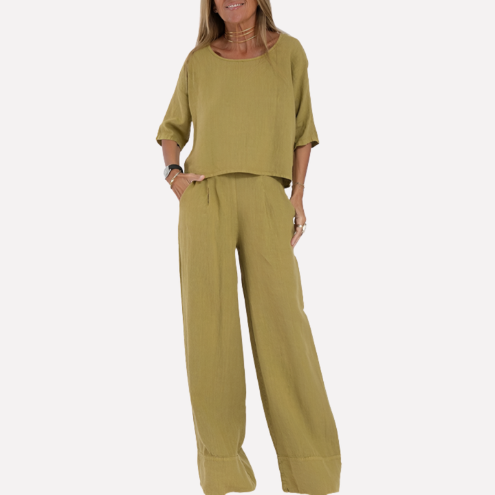 Ensemble deux pièces en lin mélangé coupe décontractée pour femme