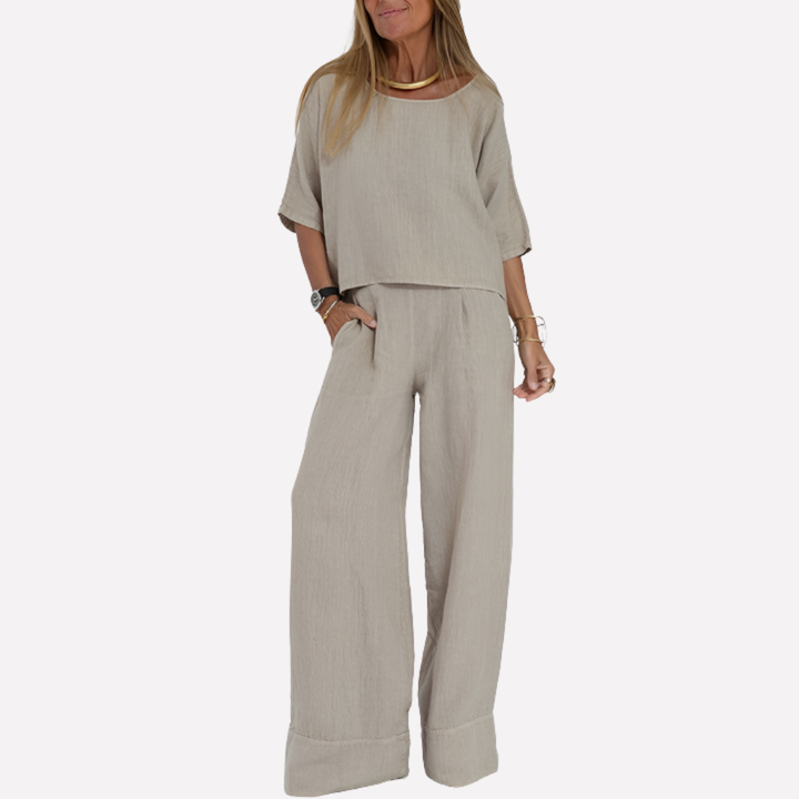 Ensemble deux pièces en lin mélangé coupe décontractée pour femme